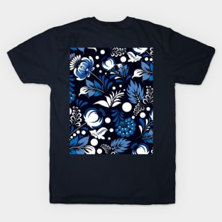 Blue Folk Flower Pattern T-Shirt